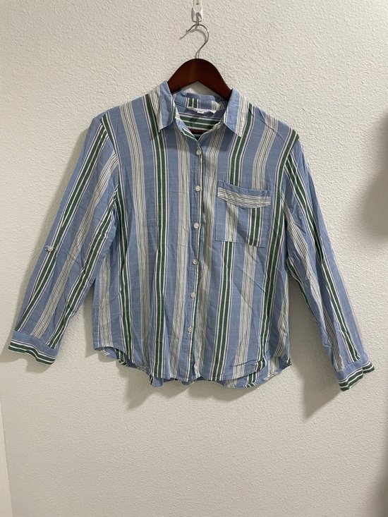 Jane and Delancey Tops - Jane and Delancey Blue and Green Striped Button-Down Shirt